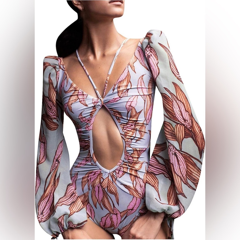 Siamese Keyhole Puff Sleeve Swimsuit Bodysuit Size Large Sexy and Elegant